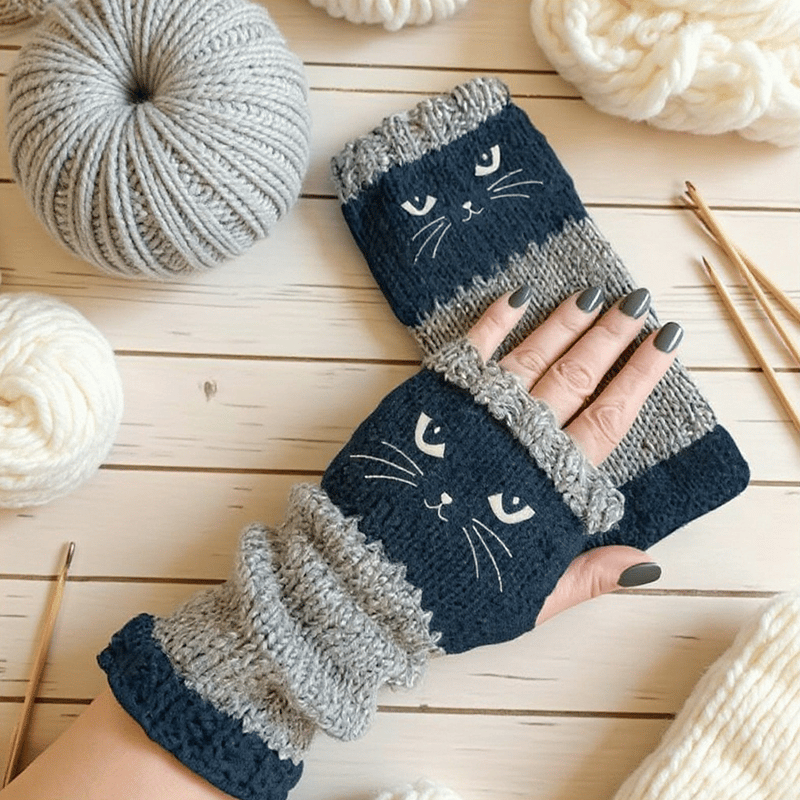 😻 Rękawiczki bez palców z haftowanym kotem