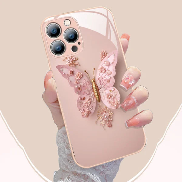Płaska szklana obudowa z wzorem motyla 3D kompatybilna z iPhone'em 🦋