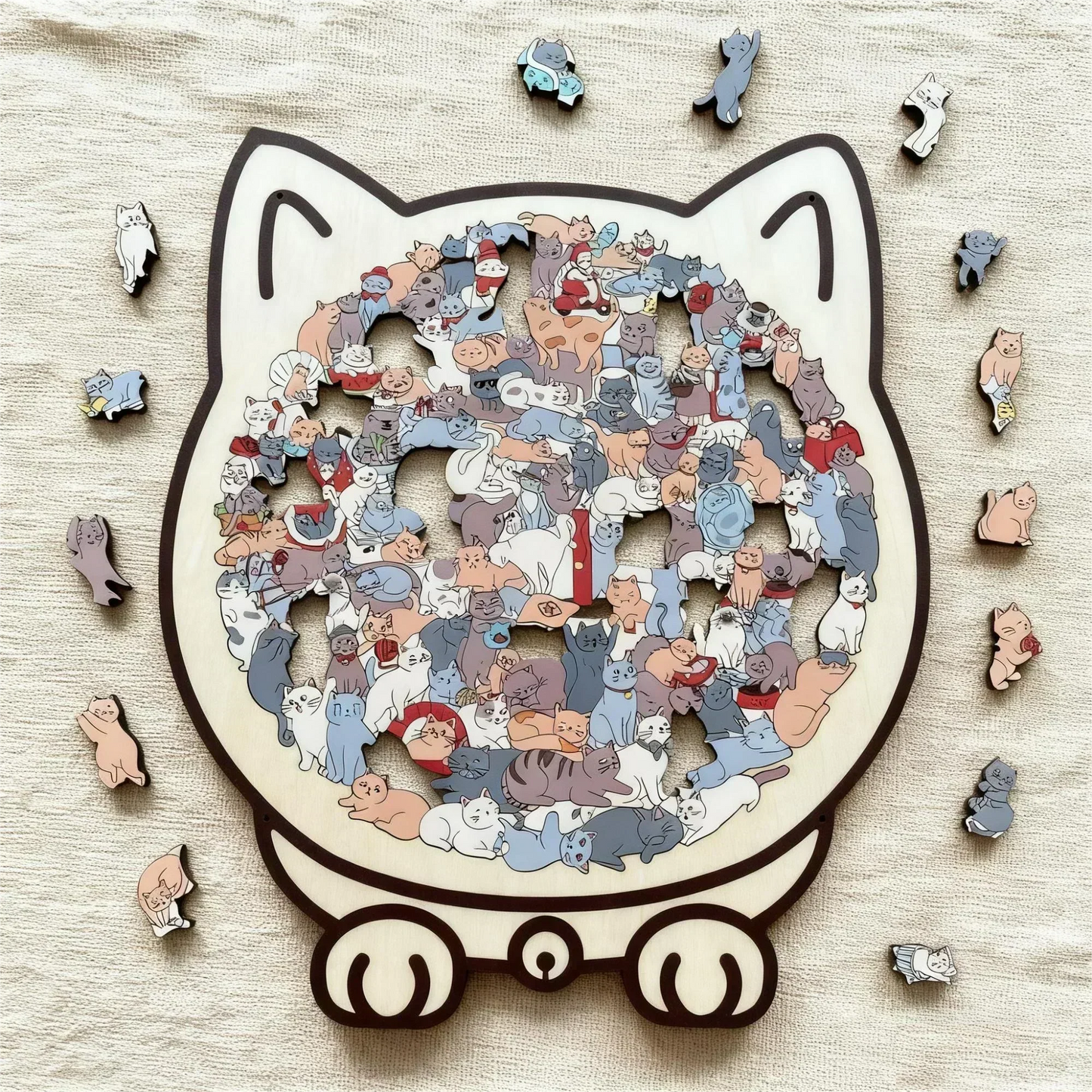 🐱135-elementowa drewniana układanka w kształcie kota w kolorach Morandiego🎁