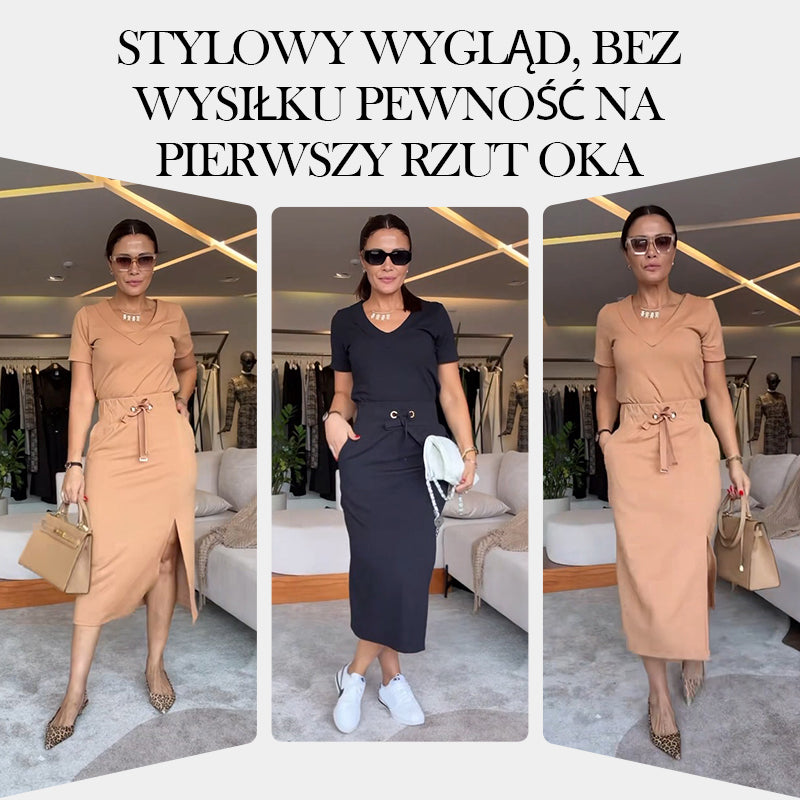 🌸Zestaw damski T-shirt z dekoltem w serek i spódnicy midi
