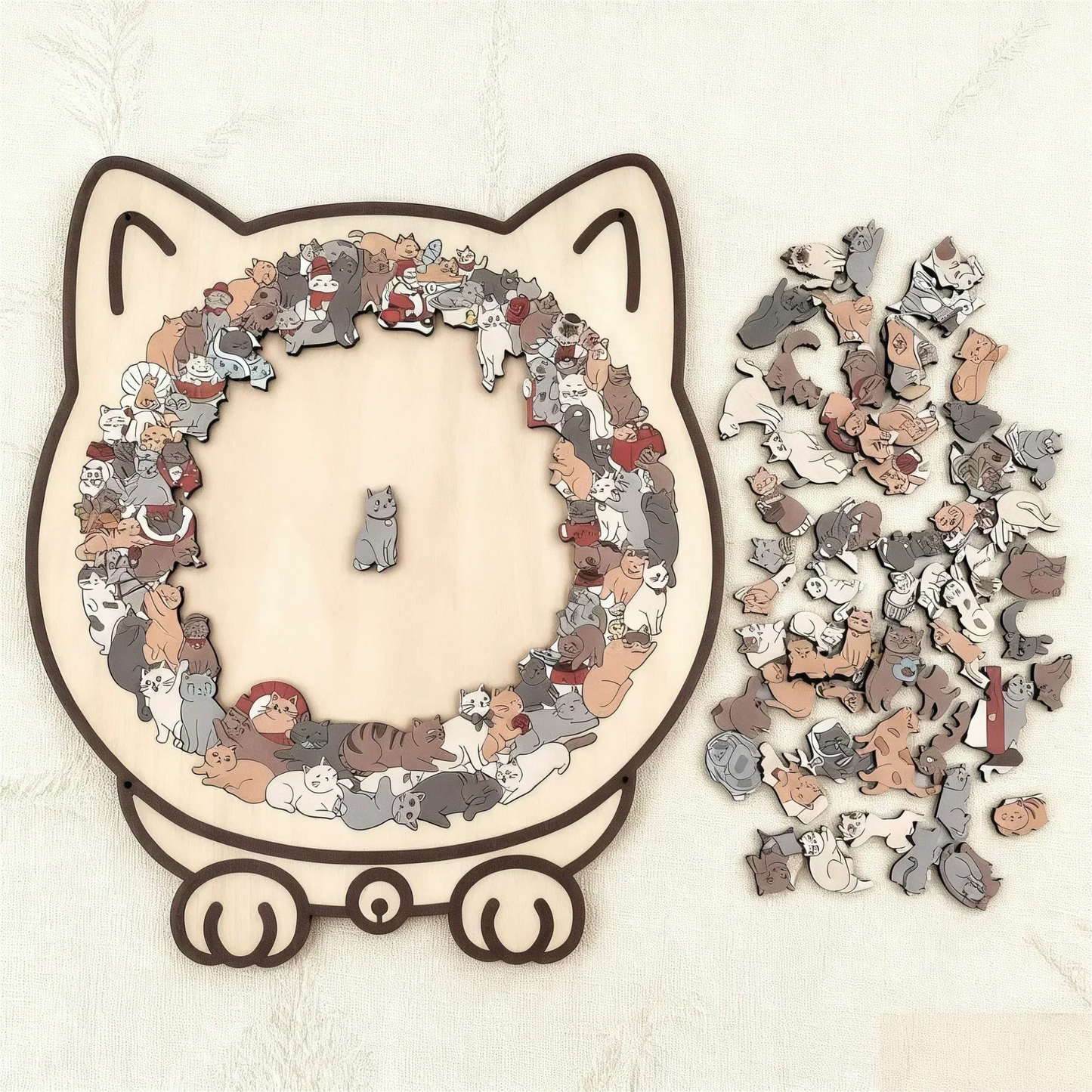 🐱135-elementowa drewniana układanka w kształcie kota w kolorach Morandiego🎁