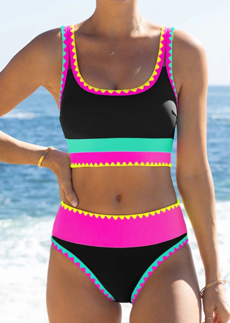 🔥🎁Nowość: 50% RABATU🔥🌼 Trzyczęściowy sportowy komplet bikini z nylonu w blokach kolorystycznych – wysoki stan z efektem wyszczuplającym brzuch 👙