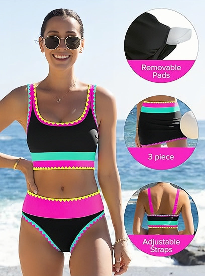 🔥🎁Nowość: 50% RABATU🔥🌼 Trzyczęściowy sportowy komplet bikini z nylonu w blokach kolorystycznych – wysoki stan z efektem wyszczuplającym brzuch 👙