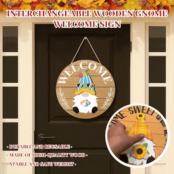 🍁Najlepsze dekoracje świąteczne🎄Wymienny drewniany znak powitalny z krasnalem🎈
