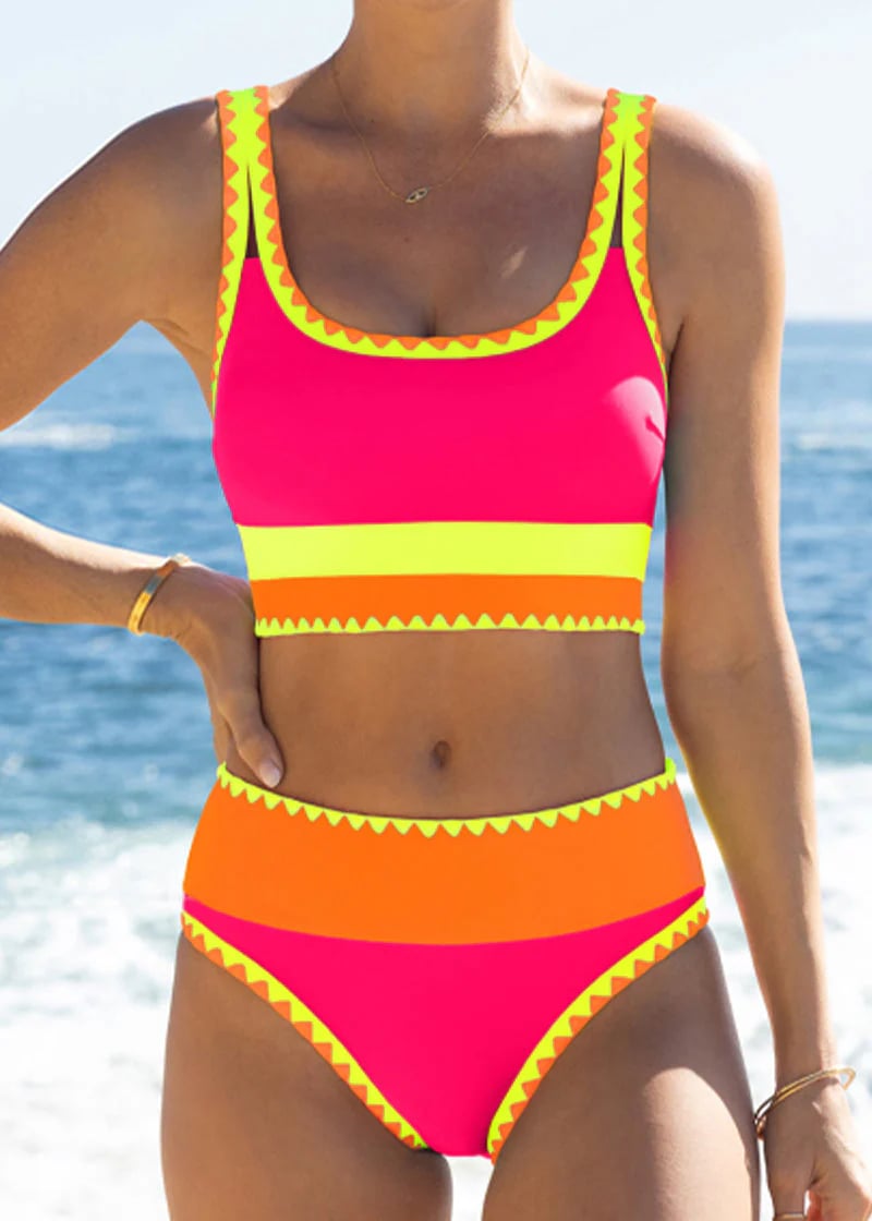 🔥🎁Nowość: 50% RABATU🔥🌼 Trzyczęściowy sportowy komplet bikini z nylonu w blokach kolorystycznych – wysoki stan z efektem wyszczuplającym brzuch 👙
