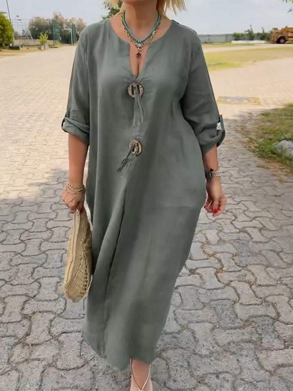 ✨👗Bawełniana lniana sukienka z dekoltem V - lekka i wygodna