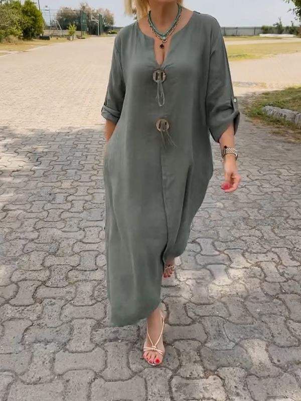 ✨👗Bawełniana lniana sukienka z dekoltem V - lekka i wygodna