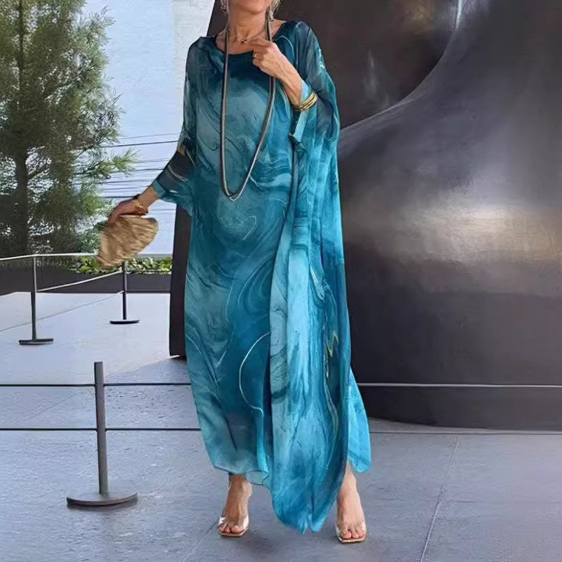 👗 Elegancka szyfonowa sukienka z marmurkowym nadrukiem