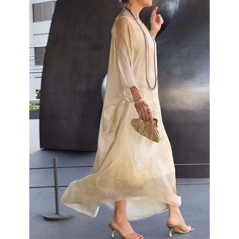 👗 Elegancka szyfonowa sukienka z marmurkowym nadrukiem