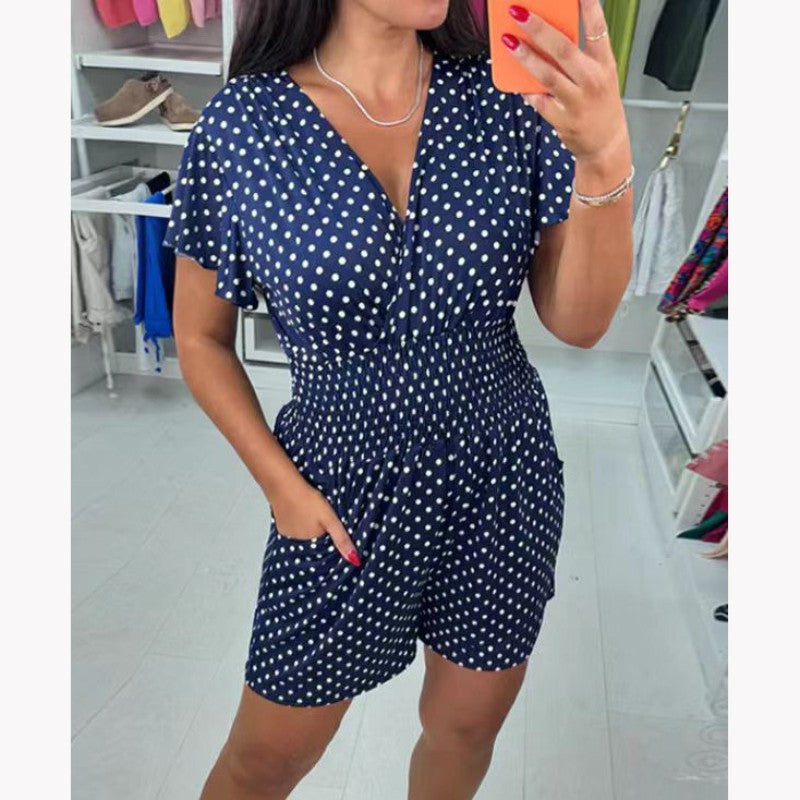 🙋♀️Jednoczęściowy kombinezon z szortami z dekoltem w serek w kropki🥰