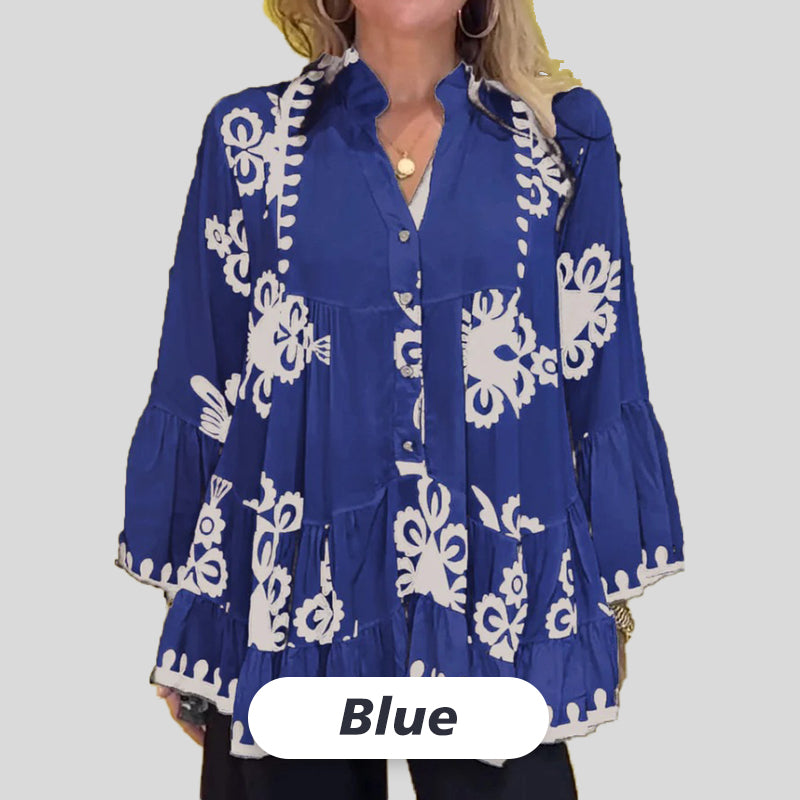 Damski top z falbanką z nadrukiem w stylu boho