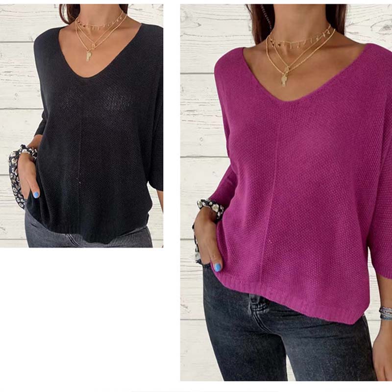 Damska dzianinowa koszulka z nietoperzowym rękawem V-Neck w jednolitym kolorze