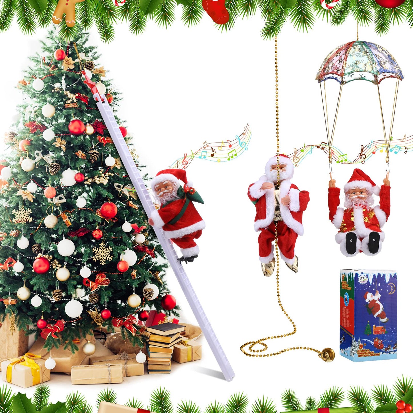 🎄Elektryczna zabawka muzyczna przedstawiająca Świętego Mikołaja wspinającego się po kominie