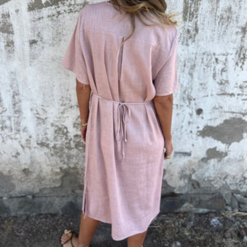 💋Bawełniana lniana sukienka damska z krótkim rękawem i nadrukiem V-Neck