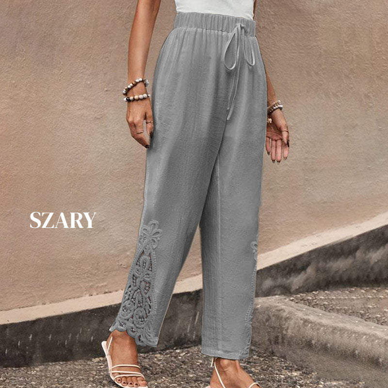 Modne Spodnie damskie z elastycznym pasem z Haftowane wstawki