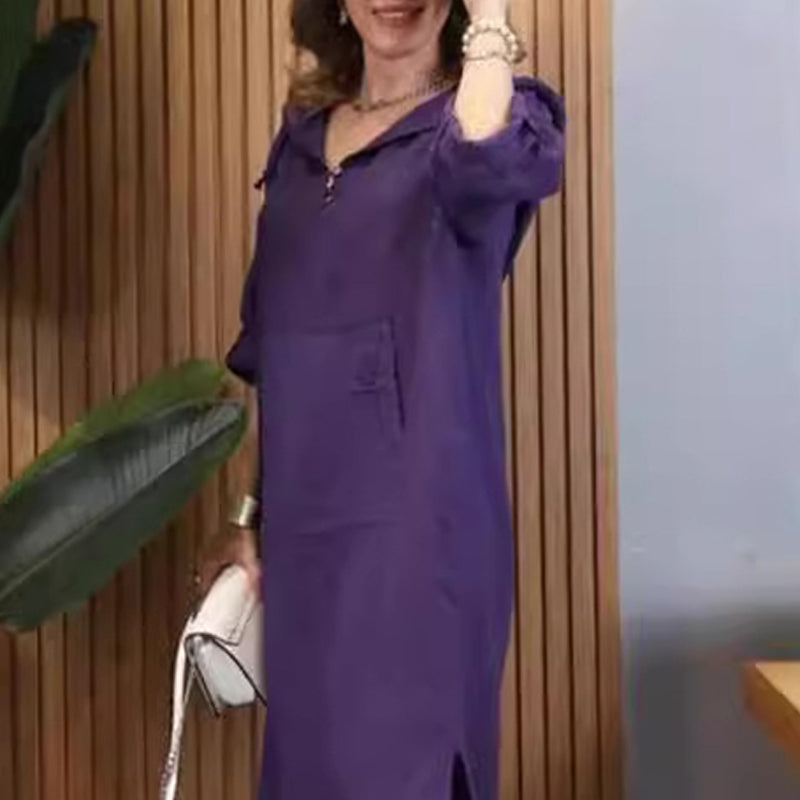 👗 Elegancka sukienka oversize z kapturem - długie rękawy i trendowe rozcięcie