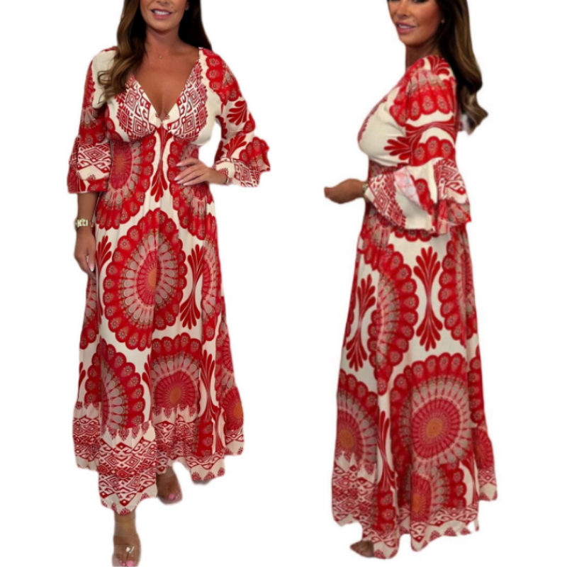 🔥👗Damska sukienka maxi w stylu retro boho z głębokim dekoltem w serek