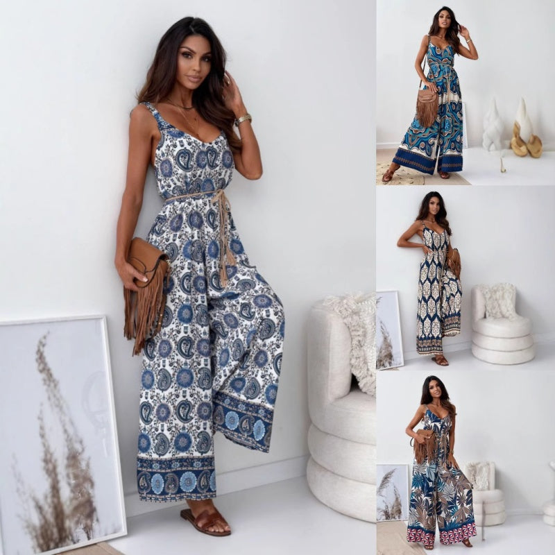 ✨Boho drukowany kombinezon bez pleców z paskiem z frędzlami