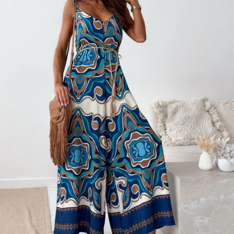 ✨Boho drukowany kombinezon bez pleców z paskiem z frędzlami