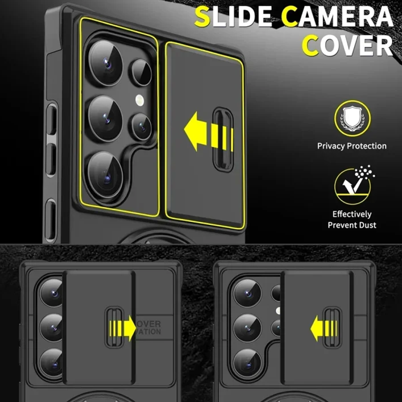 Etui magnetyczne 3 w 1 dla Samsunga – podstawka Snap & Go + podwyższona osłona aparatu + pełna ochrona.