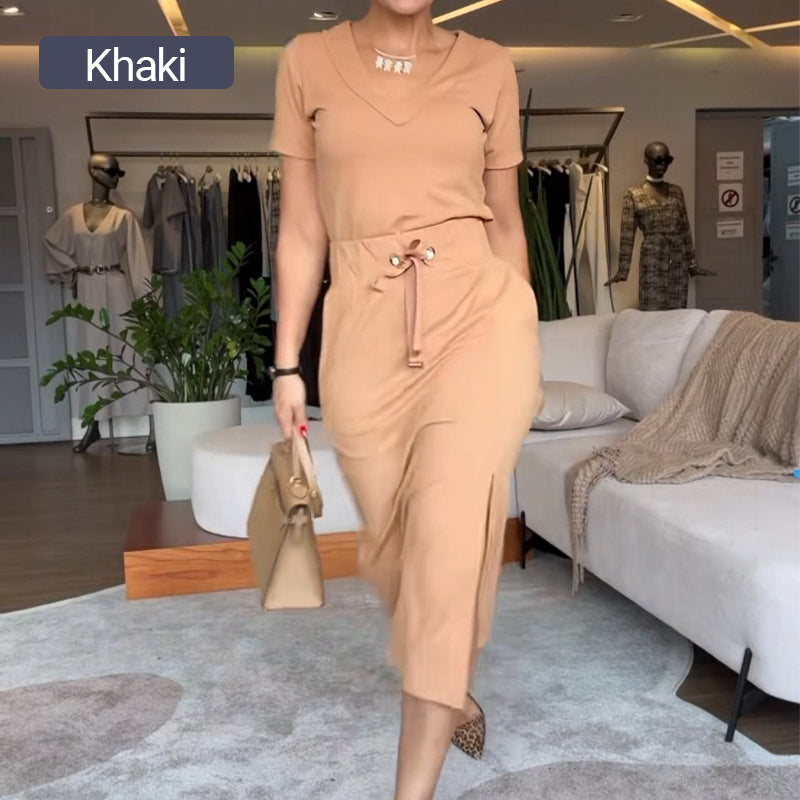🌸Zestaw damski T-shirt z dekoltem w serek i spódnicy midi