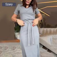 🌸Zestaw damski T-shirt z dekoltem w serek i spódnicy midi