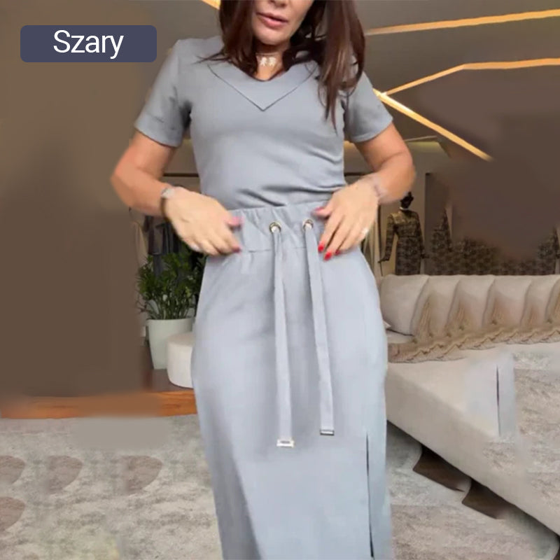 🌸Zestaw damski T-shirt z dekoltem w serek i spódnicy midi