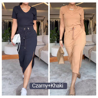 🌸Zestaw damski T-shirt z dekoltem w serek i spódnicy midi