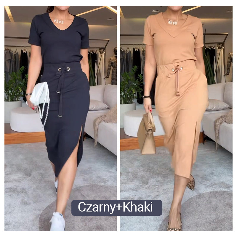 🌸Zestaw damski T-shirt z dekoltem w serek i spódnicy midi