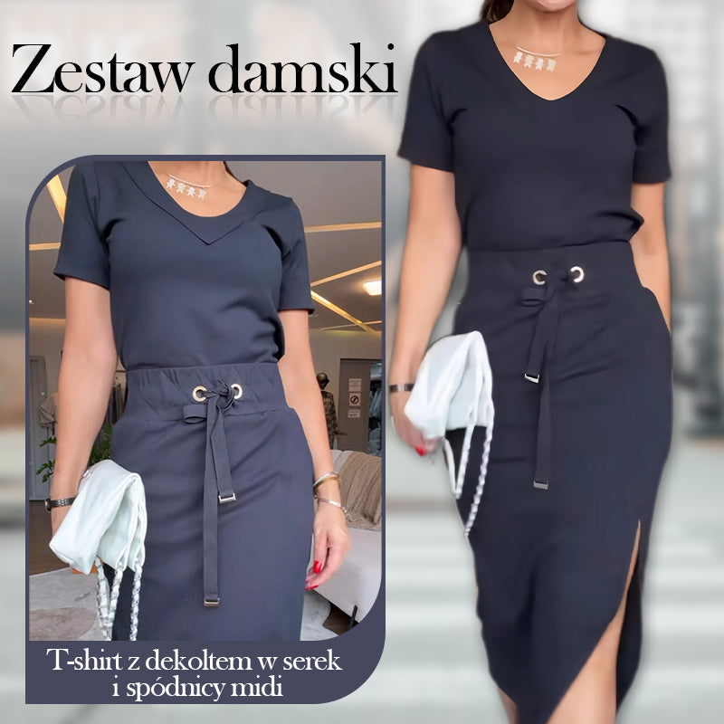 🌸Zestaw damski T-shirt z dekoltem w serek i spódnicy midi