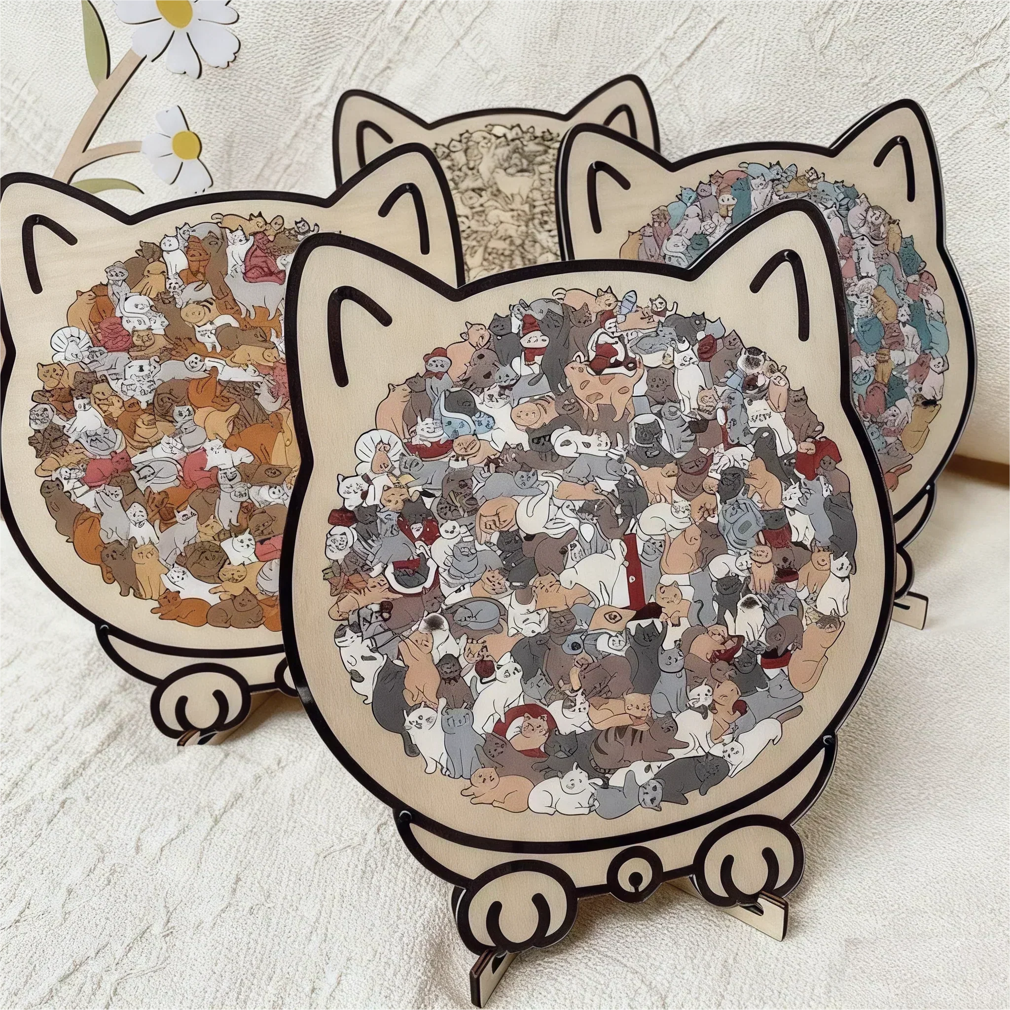 🐱135-elementowa drewniana układanka w kształcie kota w kolorach Morandiego🎁