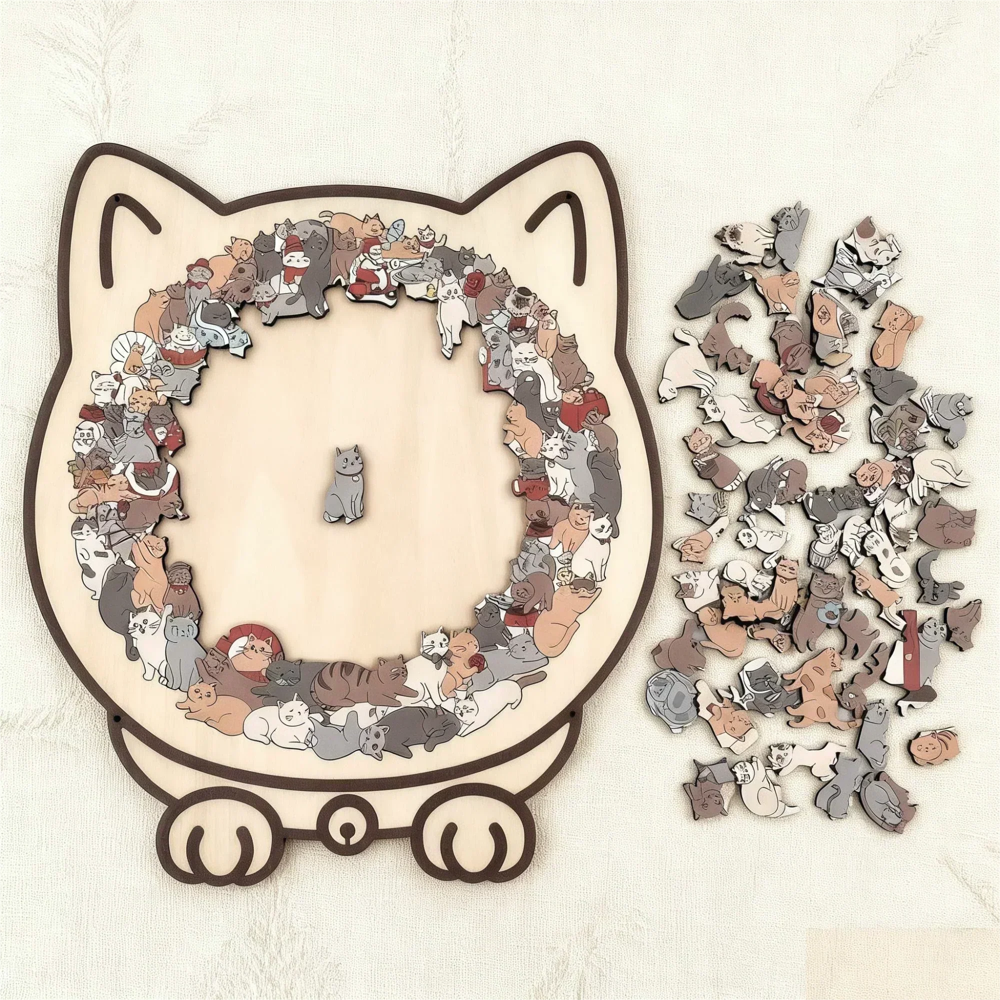 🐱135-elementowa drewniana układanka w kształcie kota w kolorach Morandiego🎁