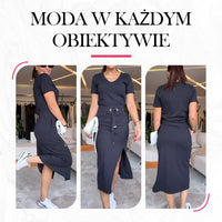 🌸Zestaw damski T-shirt z dekoltem w serek i spódnicy midi