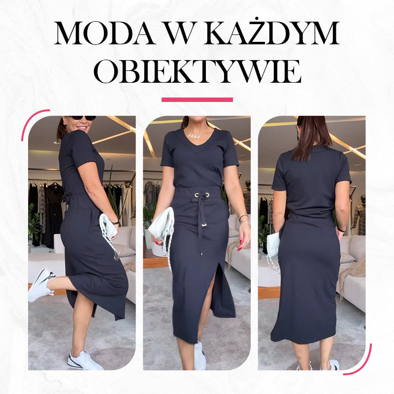 🌸Zestaw damski T-shirt z dekoltem w serek i spódnicy midi