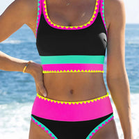 🔥🎁Nowość: 50% RABATU🔥🌼 Trzyczęściowy sportowy komplet bikini z nylonu w blokach kolorystycznych – wysoki stan z efektem wyszczuplającym brzuch 👙