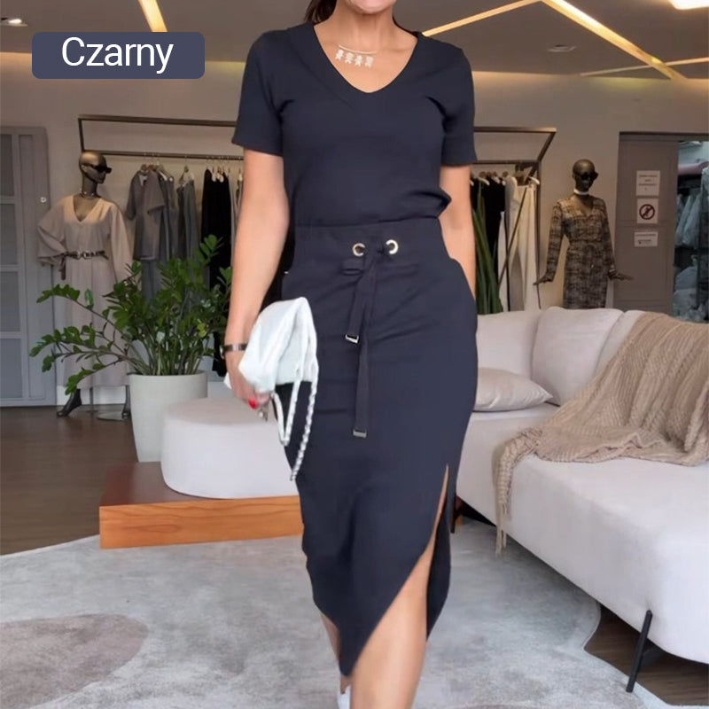 🌸Zestaw damski T-shirt z dekoltem w serek i spódnicy midi