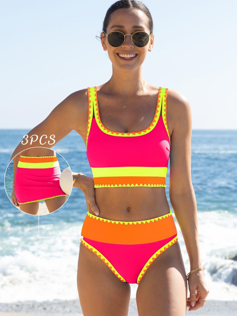 🔥🎁Nowość: 50% RABATU🔥🌼 Trzyczęściowy sportowy komplet bikini z nylonu w blokach kolorystycznych – wysoki stan z efektem wyszczuplającym brzuch 👙