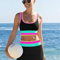 🔥🎁Nowość: 50% RABATU🔥🌼 Trzyczęściowy sportowy komplet bikini z nylonu w blokach kolorystycznych – wysoki stan z efektem wyszczuplającym brzuch 👙