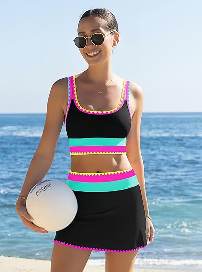 🔥🎁Nowość: 50% RABATU🔥🌼 Trzyczęściowy sportowy komplet bikini z nylonu w blokach kolorystycznych – wysoki stan z efektem wyszczuplającym brzuch 👙