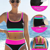 🔥🎁Nowość: 50% RABATU🔥🌼 Trzyczęściowy sportowy komplet bikini z nylonu w blokach kolorystycznych – wysoki stan z efektem wyszczuplającym brzuch 👙