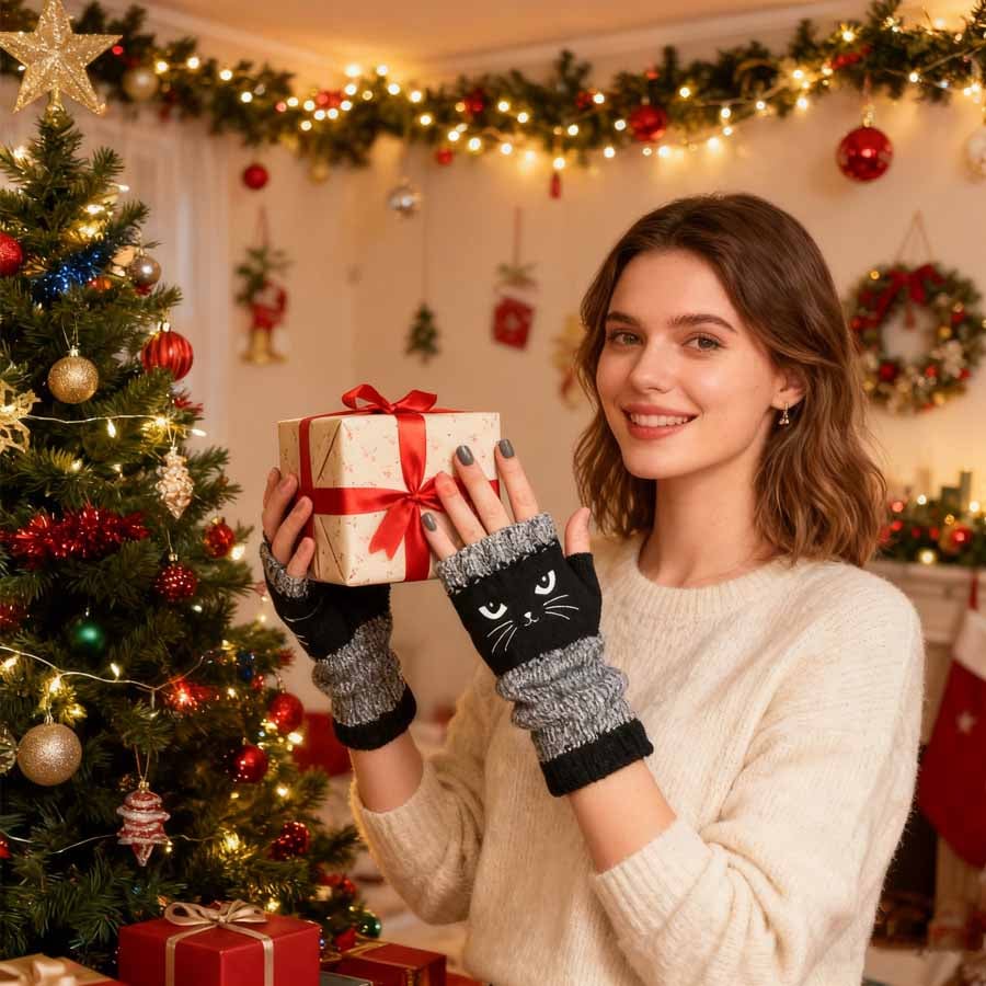 😻 Rękawiczki bez palców z haftowanym kotem