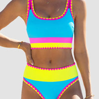 🔥🎁Nowość: 50% RABATU🔥🌼 Trzyczęściowy sportowy komplet bikini z nylonu w blokach kolorystycznych – wysoki stan z efektem wyszczuplającym brzuch 👙