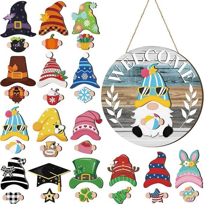 🍁Najlepsze dekoracje świąteczne🎄Wymienny drewniany znak powitalny z krasnalem🎈