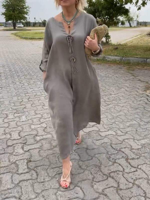 ✨👗Bawełniana lniana sukienka z dekoltem V - lekka i wygodna