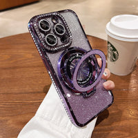 Magnetyczne etui na iPhone'a z brokatowymi dżetami i niewidoczną podstawką