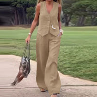 💕Kolorowa kamizelka z zapięciem na guziki i szerokie spodnie, dwuczęściowy zestaw damski