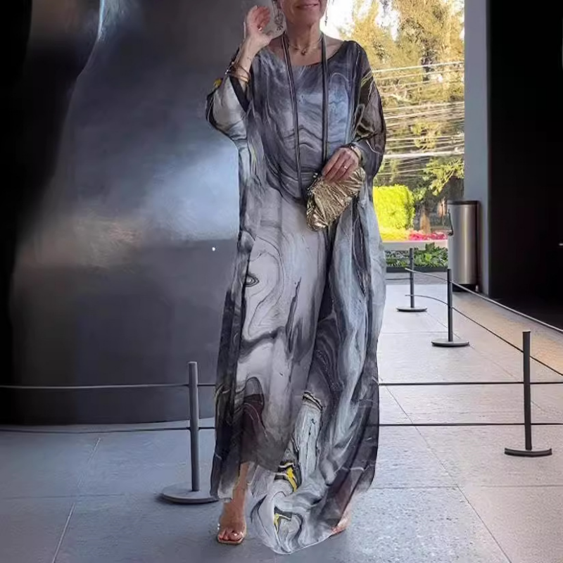 👗 Elegancka szyfonowa sukienka z marmurkowym nadrukiem