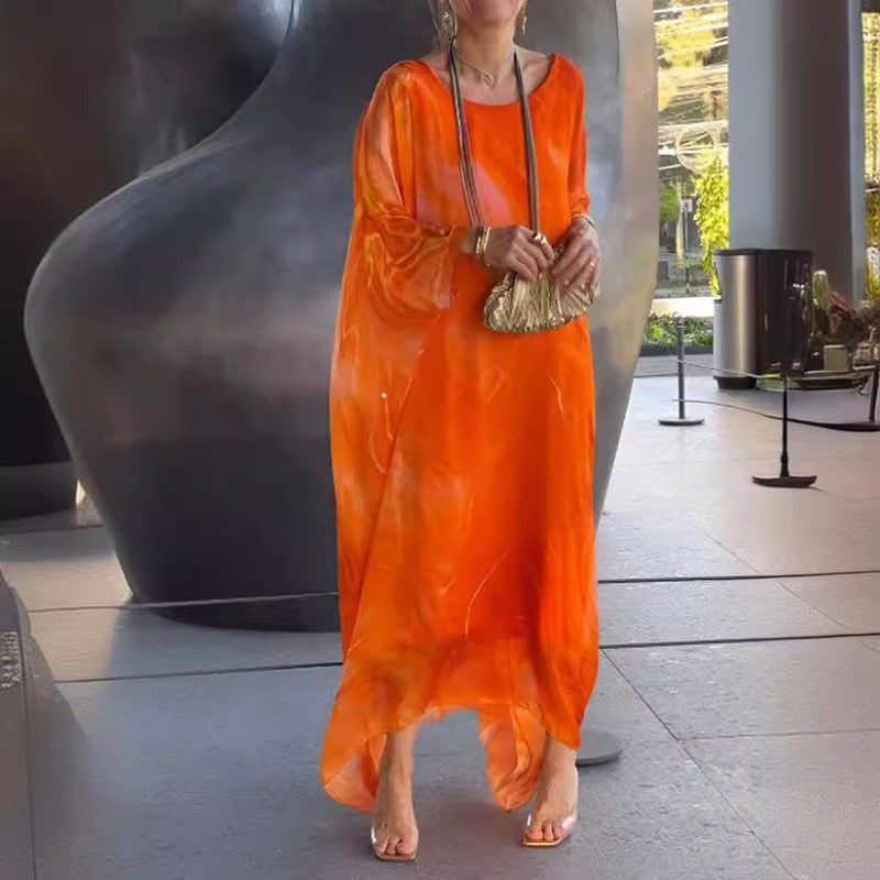 👗 Elegancka szyfonowa sukienka z marmurkowym nadrukiem