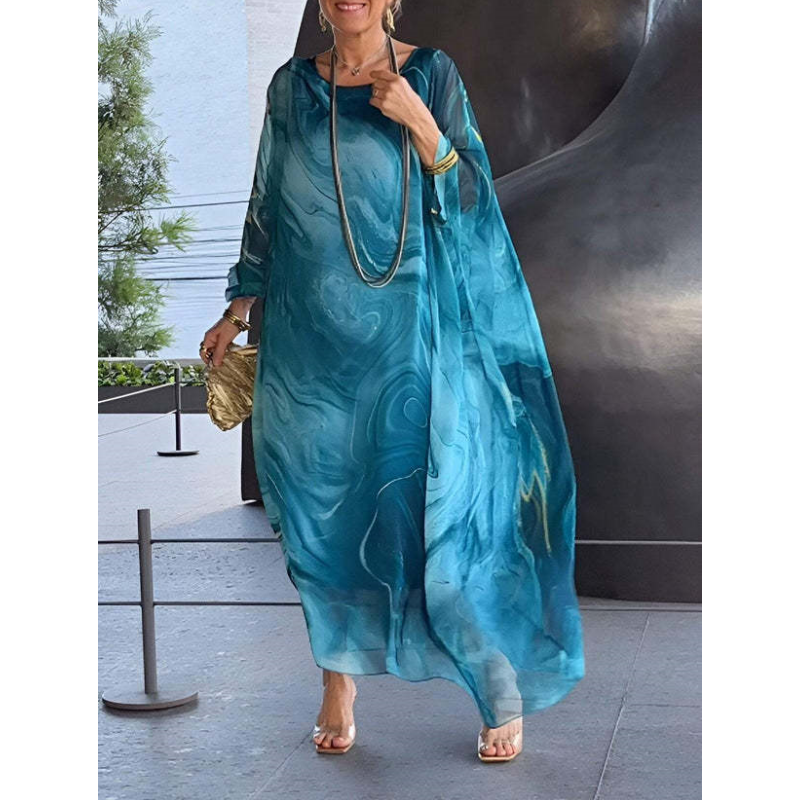 👗 Elegancka szyfonowa sukienka z marmurkowym nadrukiem