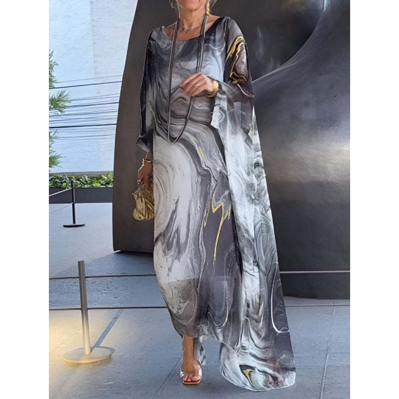 👗 Elegancka szyfonowa sukienka z marmurkowym nadrukiem